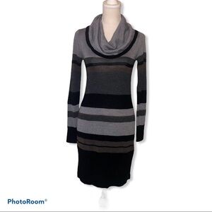 LOFT Gray and Black Striped Long Sleeve Dress